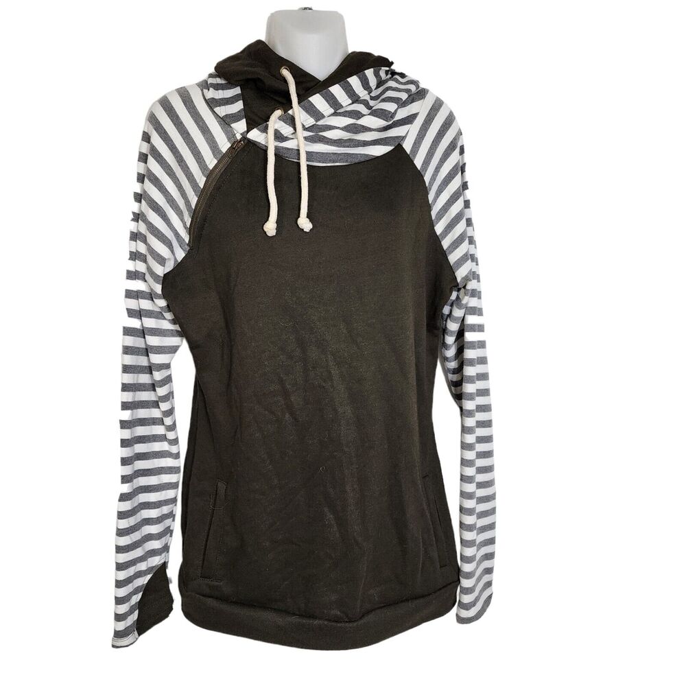 Plush Boutique Womens Sweatshirt Small Olive Green Cream Double Hood Striped